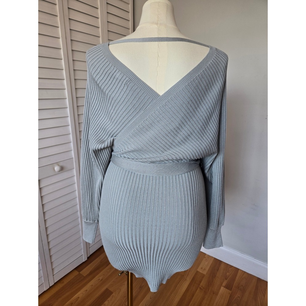 Love Tree Silver Gray Rib Knit Wrap Sweater Dress Size L Cozy Chic Minimalist - Picture 5 of 9